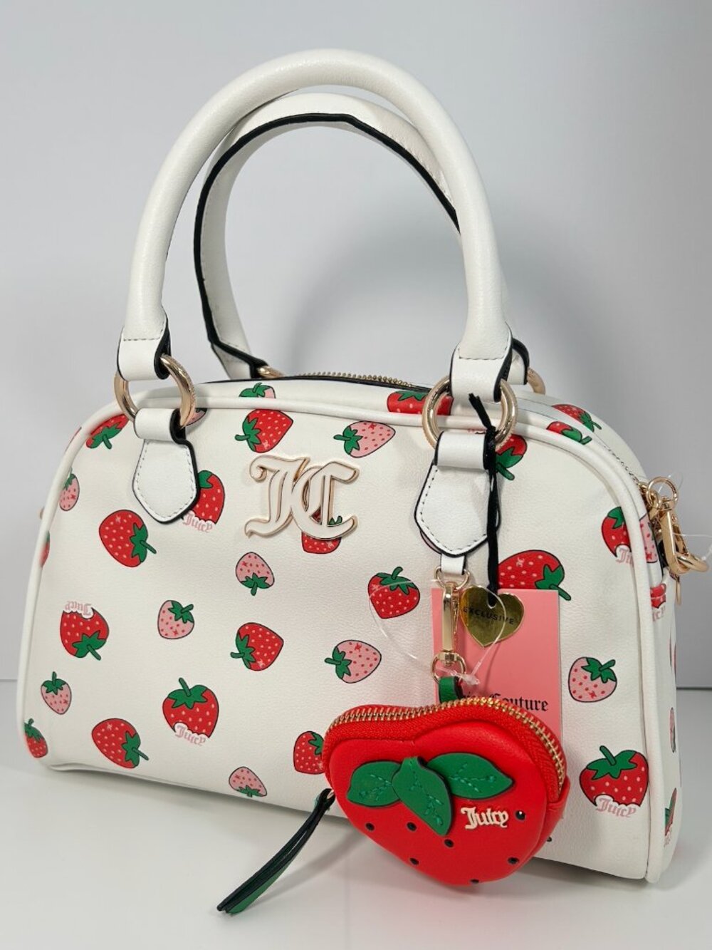 Juicy Couture Strawberry Bowler Bag Y2K Coquette White Pink Charm NWT